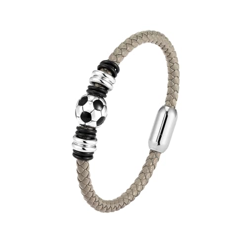 Image of IMINI Football Bracelet for Men Women, Stainless Steel Magnetic Clasp Braided Leather - 21cm Soccer Charms Bangle, Fashion Trendy Sports Jewellery Gift for Fans & Lovers (Grey)