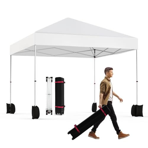 Garvee 10x10 Pop Up Canopy, 1-Person Setup Outdoor Canopy Tent, Portable Instant Commercial Tent Shelter with Roller Bag 4 Weight Bags 4 Ropes & 8 Sta