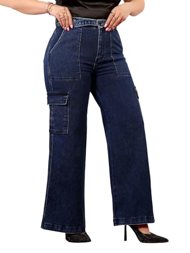 Image of Miss Chase A+ Women's Wide-Leg High-Rise Regular-Length Stretchable Cargo Denim Jeans