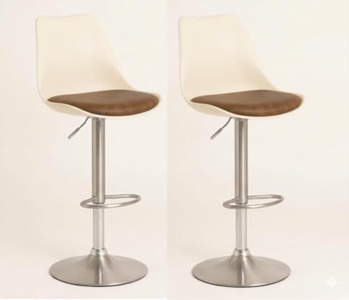 Image of REVOLVING Height Adjustable BAR Stool /Kitchen Chair Suitable for Kitchen, Cafeteria, Dining,Pubs, Office,Shops - Pair of 2 (Off White and Brown)