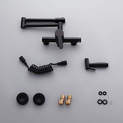 Buluxe Black Pot Filler Kitchen Sink Faucet With Sprayer, Modern Single Handle Retractable Wall-Mount Pot Filler Faucet With Swing Arm In Matte Black Solid Brass #TOP6
