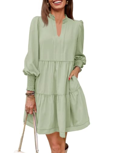 Image of Imily Bela Womens Fall Long Sleeve Tunic Dress Casual V Neck Tiered Dress | Loose,Swing,A-Line,Ruffled Collar,Puff Balloon Sleeve,Smocked Elastic Cuffs,Tiered Layered Ruffle Hem,Babydoll,Loose,Mini