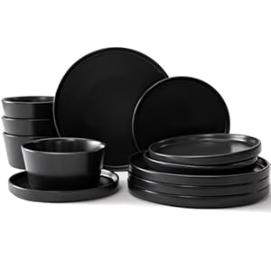 Ceramic Dinnerware Set for 4, 12-Piece Plates and Bowls Set for Kitchen and Dining, Modern Dishes Set, Dishwasher & Microwave Safe,Black
