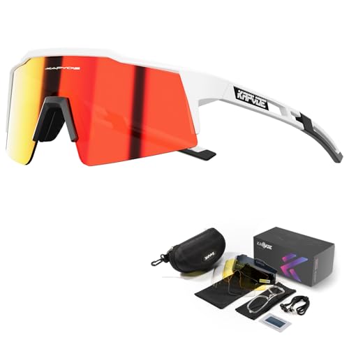 KAPVOE Gafas de Ciclismo Polarizadas con 4 Lentes Intercambiables Mujeres Hombres TR90 Gafas de Sol Deportivas Running MTB Bicicleta Accesorios 04 Rojo Blanco