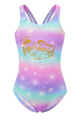 Akokvlar Girl One Piece Swimsuit Rainbow Mermaid Bathing Suit Floral Swimwear