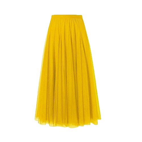 Damen-Tüllröcke, Midi, elastisch, hohe Taille, Plissiertes Netz, fließend, A-Linie, Party, Lange Tutu-Röcke, Heimkehrkleid (Yellow, One Size)