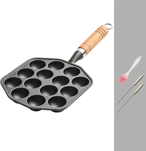 Riazdiwたこ焼きパン、グリルパン、家庭用鋳鉄ノンスティックパン、業務用ガスコンロ卵グリルパン、たこ焼き城、鋳鉄タコ焼き機、木製ハンドルIH対応家庭用14穴(フライパンと道具) (鍋 + ツール)