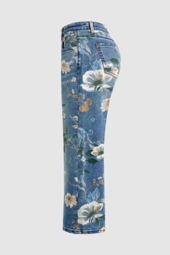 Women's High Waist Straight Jeans Summer Fashion Floral Print Casual Denim3