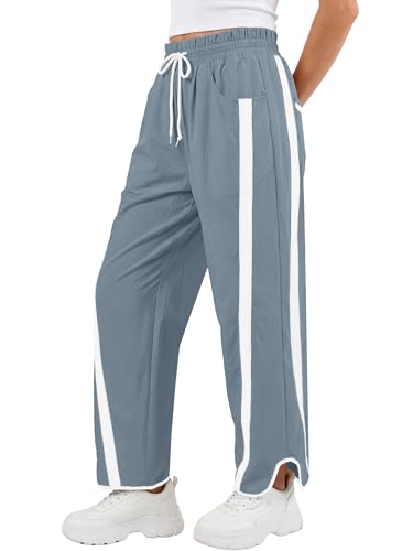 ANRABESS Women Track Pants Casual Drawstring Waist Lightweight Baggy Contrast Color Workout Barrel Leg Pants with Pockets Grey Blue Medium