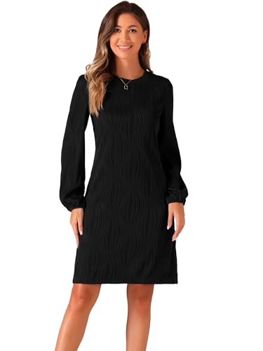 Allegra K Vestido Elegante para Mujer Vestidos Manga Larga Farol para Invitados de Boda Cuello Redondo Vestidos Midi Sólidos Negro M
