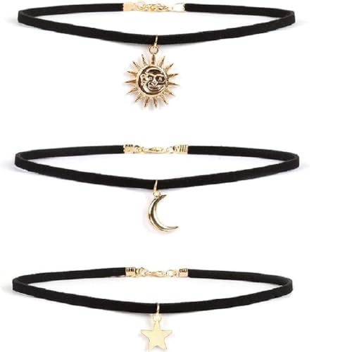 Bohemian Moon Pendant Necklace Choker Star Leather Choker Necklace Sun Choker Necklace Layered Leather Collar Necklace Gothic Adjustable Necklace Jewelry for Women and Girls (Gold, Pack of One)