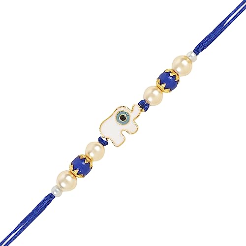 Image of I Jewels Hamsa Enamel Evil Eye Lumba Rakhi Set for Brother and Bhabhi with Roli Chawal and Rakshabandhan Card | Couple Rakhi