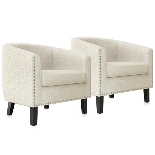 Image of BELLEZE Accent Barrel Chairs Set of 2, Modern Tub Club Chairs Upholstered Armchairs for Living Room, Accent Chairs with Silver Nail Head Trim Black Legs - Kyara (White /Polyester)