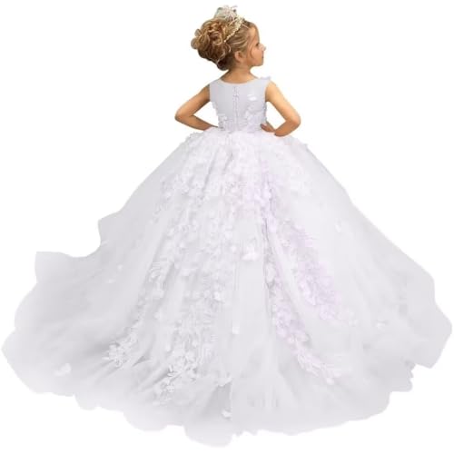 Flower Girl Dresses for Wedding Lace Applique Pageant Princess Dress for Girls 3D Butterfly Tulle Girls Dress