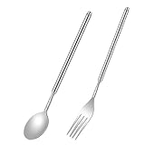 JJUNW 2Stück Teleskopgabel, Ausziehbare Gabel Löffel, Edelstahl Teleskopgabel mit Langem Griff Edelstahl Teleskoplöffel Besteck Lange Griff Ausziehbar für BBQ Toasten Abendessen Dessert (Löffel+Gabel)
