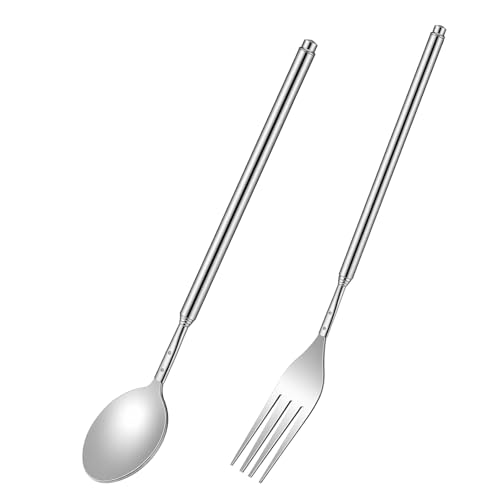 JJUNW 2Stück Teleskopgabel, Ausziehbare Gabel Löffel, Edelstahl Teleskopgabel mit Langem Griff Edelstahl Teleskoplöffel Besteck Lange Griff Ausziehbar für BBQ Toasten Abendessen Dessert (Löffel+Gabel)
