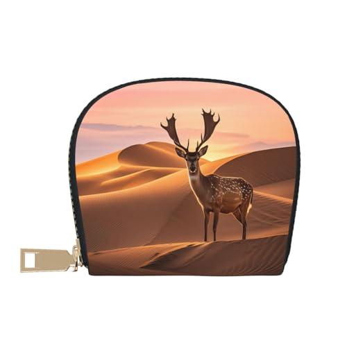 Desert Dunes and Deer Print Credit Card Holder, PU Leather Small Card Bag Wallets with Zipper for Women Men id Business Card2