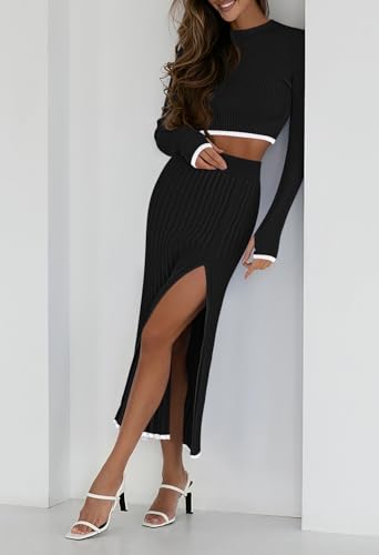 Pink Queen 2 Piece Skirt Outfits for Women Knit Sweater Crop Top Bodycon Party Cocktail Fall Blazer Dresses3