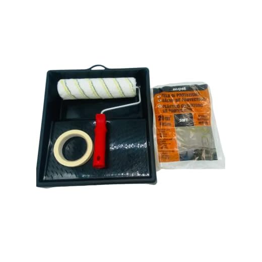 Nespoli Kit Rodillo de Pintura, Rodillo de Pintura de 25 cm, para Paredes y Techos lisos, con Bandeja, Cinta, y Cubretodo, Ideal Paredes y Techos Lisas, Decoración para el Hogar