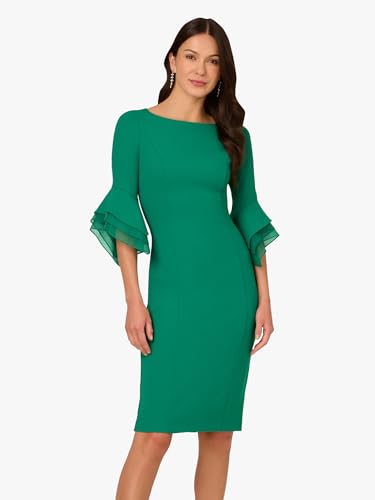 Image of Adrianna Papell Stretch Knit Crepe Sheath Dress with Tiered Organza Bell Sleeve