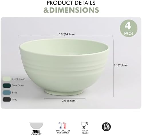 Greentainer Miska na musli/sałatki, 4 sztuki, 700 ml, niepękające miski na owoce, miska na zupę dla dzieci i dorosłych, lekka i nietłukąca