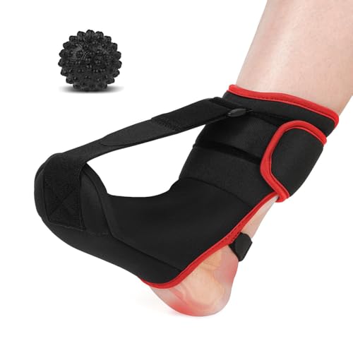 XFSRG Soporte Plantar Arco con Férula para Fascitis Plantar y Bola de Masaje Tobillera Ajustable Ideal para Uso Diario y Nocturno(Negro Rojo, M)