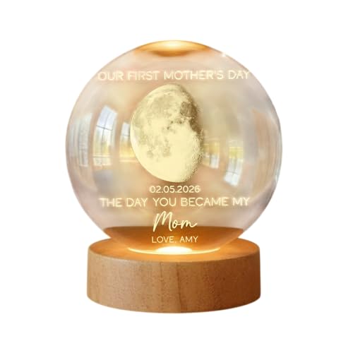 PODCRAFTED The Day You Became My Mom Custom Moon Phase First Mother's Day - Personalized Crystal Ball LED Night Light - First Mother's Day Present for New Mom