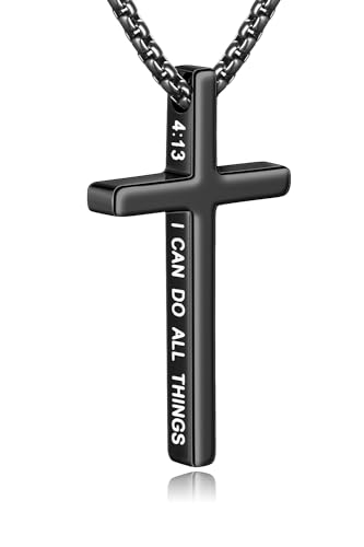 Fiusem Cross Necklace for Men, Inspirational Bible Verse Cross Chain for Men, Stainless Steel Box Necklace 14K Black Plated Tone 22', I CAN DO ALL THINGS