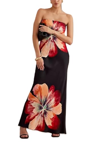 Image of Women Floral Strapless Maxi Dress Y2K Bodycon Tube Long Dresses Sexy Party Formal Cocktail Beach Slit Dress