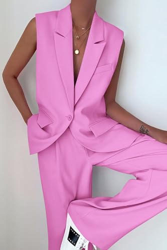 Image of PRETTYGARDEN Women's 2 Piece Outfits Sleeveless Suit Vest and Wide Leg Pants Business Casual Blazer Sets