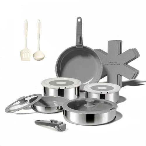 Image of 16PCS Pots and Pans Set Non Stick, Diamond-Titanium Ceramic Cookware Set & 3 Layer Stainless Steel with Detachable Handle, Induction Cookware, Non Toxic Oven /Dishwasher Safe, Gray