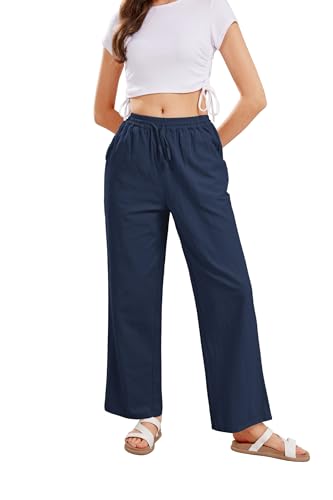 Image of CHARTOU Women's Summer Drawstring Waist Wide Leg Loose Cotton Linen Palazzo Pants