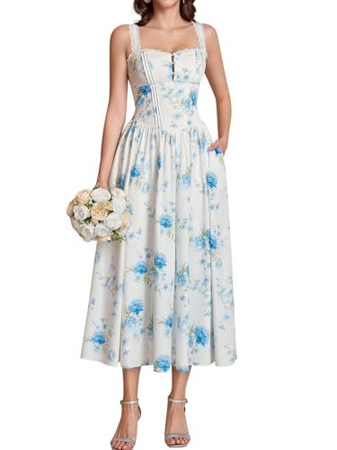 Image of KUTUMAI Women Summer Corset Midi Floral Wedding Guest Dresses with Pockets | Lace Neck, Smocked Back, Flowy A Line Sundress for 2026 Engagement Photoshoot Bridal Shower Garden Party
