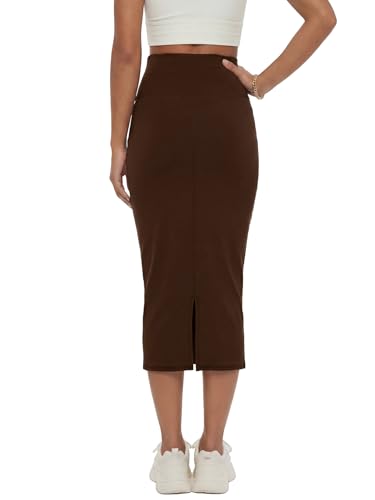 Image of Rooscier Women's High Waisted Pencil Midi Skirt | Stretchy Bodycon Knee Length Skirts with Back Slit