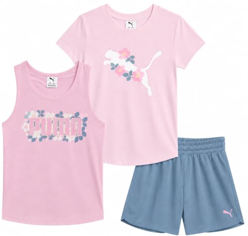 Image of PUMA Girls Active Shorts Set - 3 Piece Performance T-Shirt, Tank Top, Gym Shorts - Summer Athletic Outfit for Girls (7-14)