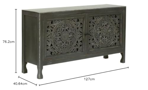 Image of Wooden Sideboard Cabinet for Living Room | Handcrafted Solid Wood Storage Cabinet with Carved Doors | Crockery Cabinet for Home | Crockery Furniture for Home (Dark Grey)