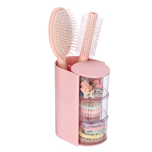 GUSHBIN Hair Accessories Organizer with Hair Brush Holder Spinning Cosmetic Storage Case for Makeup Sponge Plastic Desktop Organizer, 3-Layer Pink