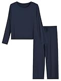 Latuza Women's Petite 2 Piece Pj Lounge Set Petite Length Top Wide Leg Pants M Navy
