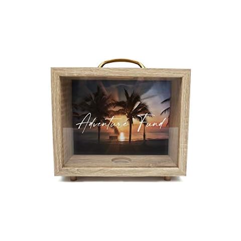 NIKITA Adventure Fund Money Box - Adult Travel Fund Money Jar - Holiday Fund Money Box - Wooden Box Frame - Savings Jar - Adult Travel Gifts - Savings Money Tin for Notes & Coins, Gift Box Cover