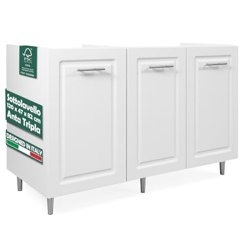 Shally Dogan Mobile Sottolavello Base per Cucina con Tre Ante Design Boiserie, Mobiletto Componibile con Struttura in Legno Robusta, Mobile Sotto Lavello, 120 x 50 x 85H cm (Bianco)