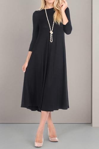 iconic luxe Women's Swing Midi Dress – 3/4 Sleeve Flowy A-Line Tunic – Soft, Stretchy, Comfortable, and Versatile