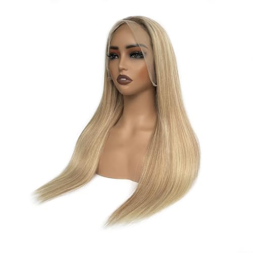 Image of Ombre Golden Blonde Highlights Lace Front Wig Human Hair for White Women 28 Inch Pre Plucked 13x6 HD Transparent Lace Frontal Human Hair Wig with Brown Roots Straight 180% Density Glueless Wigs