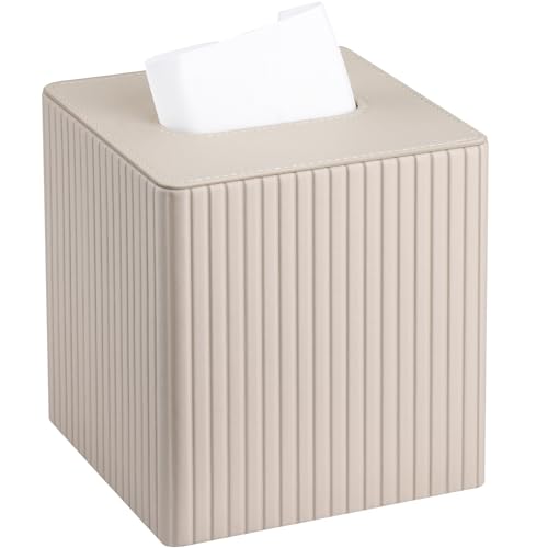 KINGFOM Cubo para caja de pañuelos, moderno cuadrado para sala de estar, dormitorio, baño, elegante soporte de pañuelos de piel sintética para decoración del hogar y la oficina (beige)