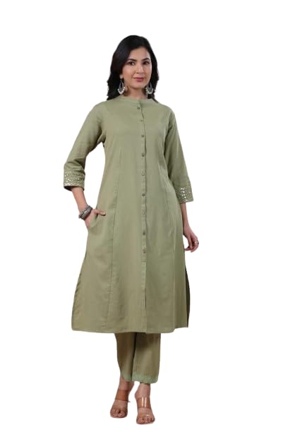 Image of Solid A-Line Mirror Work Cotton Kurta Pant Set for Women