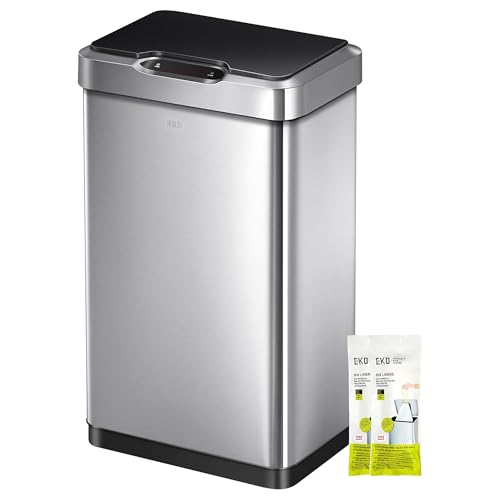 EKO Poubelle Cuisine Automatique 50L Mirage-T | Bac Rectangulaire avec Capteur Mains Libres | Acier Inox Brossé Anti-Traces | Cuisine Moderne
