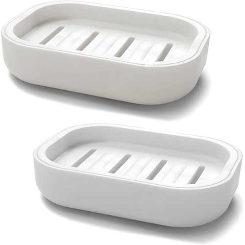 2pcs Plastic Soap Dish Holder with Drainage – Non-Slip Shower Soap Box for Bathroom & Kitchen(Light blue + off-white)