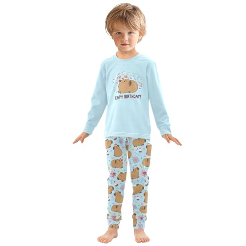 Cute Capybara Birthday Print Blue Cute Pajama Sets Long Sleeve Top and Pants, Snug Fit Sleepwear for Night Wears3