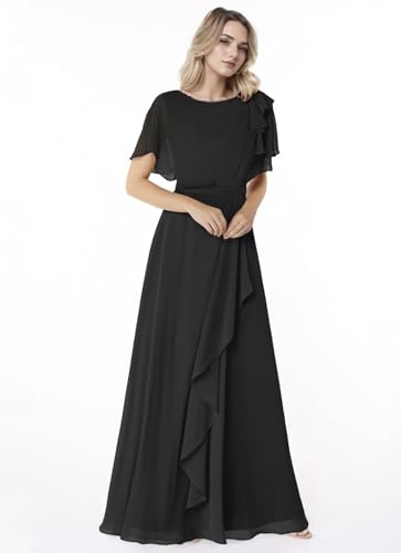 Short Sleeve Mother of The Bride Dress for Wedding Scoop Chiffon Pleated Formal Evening Dress A Line3