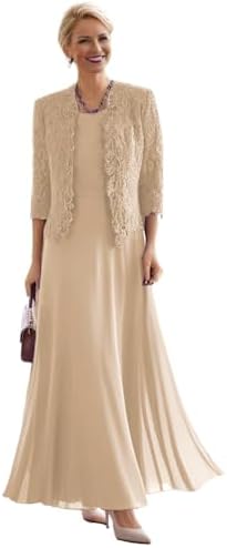2 Pcs Mother of The Bride Dress with Jacket 2025 3/4 Sleeves Formal Evening Gowns Chiffon Wedding Guests Dress Champagne