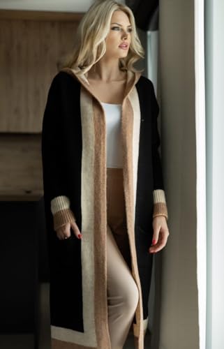Image of utcoco Women's Oversized Hooded Cardigan Sweaters Color Block Open Front Long Sweater Coat Outwear with Pockets